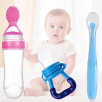 Kūdikio maitinimo rinkinys – Vaisių tiektuvas, Buteliukas su šaukšteliu ir Silikoninis maitinimo šaukštelis (Pakuotėje 3 vnt) Pack of 3 white