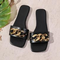 Fashion New Fashion Women's Slippers Square Toe Chain Slippers Flat Slide Sandals Beach Flip Flops Metal Decoration Casual Shoes 36 juoda