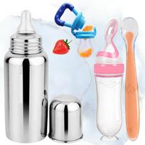 Kūdikio maitinimo rinkinys – Šaukštelis-dozatorius, Plieninis maitinimo buteliukas, Vaisių dozatorius ir Silikoninis šaukštelis (Pakuotėje 4 vnt) Pack of 4 white