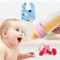 Kūdikio maitinimo rinkinys – Maisto šėryklė, Silikoninis seilinukas ir Šaukšteliu maitinimo buteliukų rinkinys Pack of 3