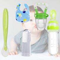 Kūdikio silikoninis maitinimo rinkinys – buteliukas šaukštelis, vaisių tiektuvas, pirštukinis šepetėlis, silikoninis šaukštelis ir seilinukas, 5 vnt. pakuotė Pack of 5