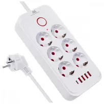 Power strip 6 sockets, MCE389 W 4xUSB-A 1xUSB-C 110-240V, AC 50/60Hz, 2.1A max 2500W white