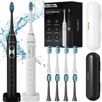 2 vnt. elektrinių dantų šepetėlių rinkinys DentiPro su 5 režimais, 8 antgaliais ir kelioniniais dėklais, juodas ir baltas
