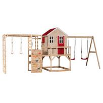 Vaikų medinė žaidimų aikštelė, žaidimų namelis su sūpynėmis, Wendi Toys M27R-G, raudona, 197 x 563 x 242 cm