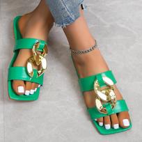 2024 New Summer Women's Slippers Fashion Metal Chain Sandals Open Toe Sandals Women Flat Casual Slippers Women Summer Slipper 35 žalia