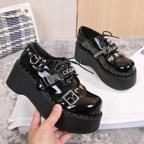 Women Pumps Mary Jane Derby Metal Decoration Platform Flat Heel Female Shoes Ladies Wedge Lolita Gothic Harajuku  Punk  Footwear 35 juoda