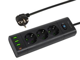 PS-350T 3 lizdų maitinimo prailginimo kabelis 3xUSB+USB-PD 1.5m juodas 3x1mm