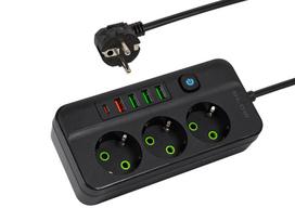PS-350Z Maitinimo prailginimo kabelis su 3 lizdais, 4xUSB+USB-PD, 3m, juodas, 3x1mm