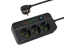 PS-350Z Maitinimo prailginimo kabelis su 3 lizdais, 4xUSB+USB-PD, 5m, juodas, 3x1mm