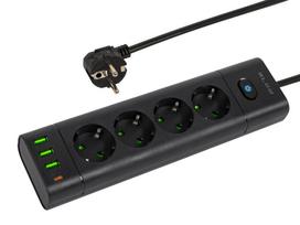 PS-450T 4 lizdų maitinimo prailginimo kabelis 3xUSB+USB-PD 1.5m juodas 3x1mm
