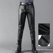 Vyriškos korėjietiško stiliaus siauro kirpimo odinės motociklininko kelnės - su fliso pamušalu, aptemptos, elastinės, pavasario/rudens tendencija 36 (29-inch Waist) black