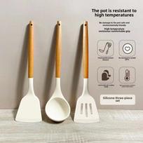 Chinese-Style Silicone Spatula Set: Non-Stick White Kitchen Utensils with Wooden Handles 3-piece set smėlis