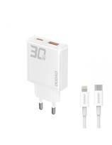 GaN A30EUL 30W USB-A USB-C sieninis įkroviklis + USB-C – „Lightning“ laidas – baltas