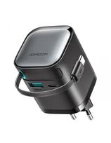 „GaN“ 65 W USB-A USB-C sieninis įkroviklis su integruotu USB-C laidu – juodas