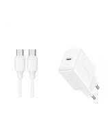 USB-C PD QC 20W sieninis įkroviklis + 1 m USB-C laidas – baltas