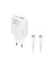 „GaN“ 30 W USB-A - USB-C sieninis įkroviklis su USB-C laidu - baltas