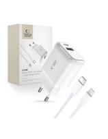 USB-C PD 20W / USB-A QC 3.0 sieninis įkroviklis su USB-C / iPhone Lightning laidu – baltas