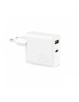 USB-A USB-C PD 25W sieninis įkroviklis – baltas