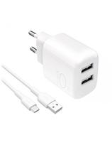2x USB-A PROLITE 10W sieninis įkroviklis su 1,2 m USB-A - USB-C laidu - baltas