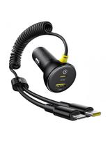 USB-A USB-C automobilinis įkroviklis su iPhone Lightning USB-C laidu, 60 W, 1,4 m – juodas