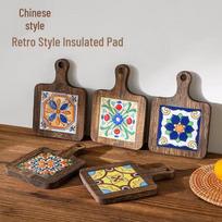 Retro Solid Wood Flower Tile Heat-Resistant Pad for Dining Table and Casserole Protection 20x14 cm
