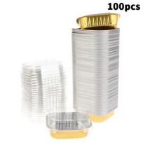 100 vnt. vienkartinės kvadratinės aliuminio folijos kepimo formelės su dangteliais pyragams, keksiukams, duonai, maisto laikymui, išsinešimui 100Pcs mėlyna