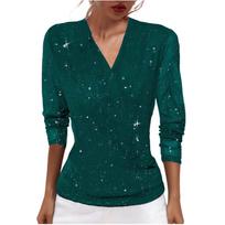 Women's Fashion Gold Foil-Embossed Shimmering Mesh V-Neck Loose-Fit Long-Sleeved Top XXL žalia