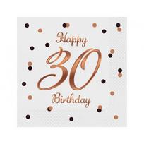 Servetėlės trisdešimtmečiui baltos spalvos su užrašu "Happy 30 Birthday" (20vnt/33x33cm)