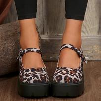 Super High Heel Square Heel Mary Janes Round Toe Buckle Strap Women's Shoes on Sale 2024 Shallow Leopard Spring/Autumn Pumps 35 pilka spalva