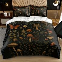 3Pcs Autumn Forest Plants Fungus Print Duvet Cover Set, Soft Comfortable Machine Washable Bedding with Pillowcases, All Season EU Twin(135x200cm)