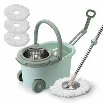 360° besisukantis šluotos ir kibiro rinkinys su gręžtuvu - Nerūdijančio plieno grindų valymo sistema, be rankų, lengvai gręžiamas mikropluošto šluotos rinkinys kietmedžio grindims žalia