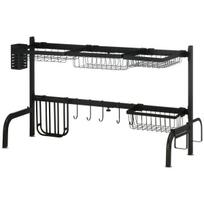 HOMCOM Indų nusausinimo stovas 2 pakopų indų nusausinimo stovas, nusausinimo stovas su kabliuku, nusausinimo padėklas, plienas, juodas, 51-93 cm
