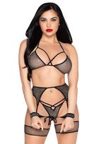 Leg Avenue Net Bra Top, String & Harness Set 89362 Black-Silver