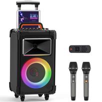 Karaokės aparatas su 2 belaidžiais mikrofonais, 10 colių žemų dažnių garsiakalbis 500 W didžiausia galia, didelis nešiojamas Bluetooth garsiakalbis su žemų/aukštų dažnių reguliavimu, riedančiais ratukais ir rankena