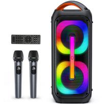 Bluetooth garsiakalbis su 2 dvigubais 60 W 6,5  žemų dažnių garsiakalbiais, PA sistema su 2 belaidžiais mikrofonais, TWS stereo garsas, 400 W didžiausia galia, karaoke aparatas