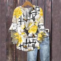 Summer Tops For Women Cute V Neck 3/4 Sleeve Blouses Floral Print Top Casual Shirts M geltona