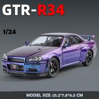 2024 m. naujas 1/24 „Nissan Skyline GTR-R34 Fast & Furious“ lydinio automobilio modelis „Sound Light“ kolektyvinis miniatiūrinis „Voiture Diecast“ žaislinis automobilis berniukui mėlyna