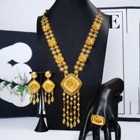 Dubai Bride 24k Gold Plated African Jewelry Set: Necklace, Bracelet, Earrings, and Ring for Women, 3-Piece Set