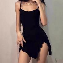 European and American fashion temperament sexy spicy girl women's clothing solid color simple slit irregular short suspender dress S juoda
