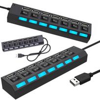 7 prievadų USB 2.0 šakotuvas su atskirais jungikliais ir šviesos diodais, USB šakotuvas-dalytuvas visiems USB įrenginiams