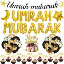 Dekoracijų rinkinys "umrah Mubarak" - 44 vnt. balionai, baneris, torto papuošimai