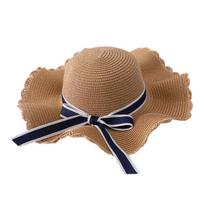 Moteriškos skrybėlės,Bow Ribbon šiaudinė skrybėlė: 56-58cm, banguotas kraštas, didelis kraštelis, vasaros paplūdimio skėtis nuo saulės, chaki spalvos