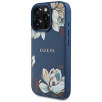 GUESS Grained Printed Flower Pattern MagSafe Case for iPhone 16 Pro, blue