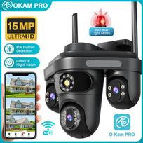 OKAM PRO Lauko trijų objektyvų kamera WiFi HD 15MP šviesos signalizacija judesio sekimas IP kamera spalvotas naktinis matymas IP66 atspari vandeniui CCTV Camera
