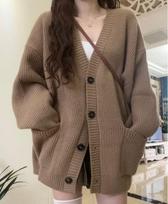 KOSY Autumn Winter Women Knitted Cardigan Sweater Coats Female Long Sleeve V-neck Loose Casual Sweater Cardigans One Size chaki