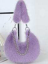 Autumn/Winter Faux Fox Fur Plush Shoulder Bag with Pearl Chain šviesi violetinė