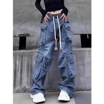 American Retro High Waist Elastic Waist Straight Multi-pocket Work Pants Women Spring and Autumn New Soft Jeans S mėlyna