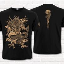 Japoniško drakono juodi marškinėliai. Japonijos tatuiruočių stilius. Mitinis padaras. XL