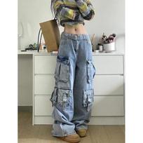 Moteriškos Y2k Retro Mutil Pockets Cargo Džinsai Vintage Gyaru Moteriškos džinsinės kelnės Kelnės Pantalones XXS mėlyna