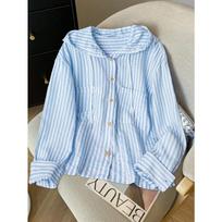 Women's Retro Lazy Vertical Stripe Hooded Shirt  Versatile Loose Long Sleeve Top S mėlyna